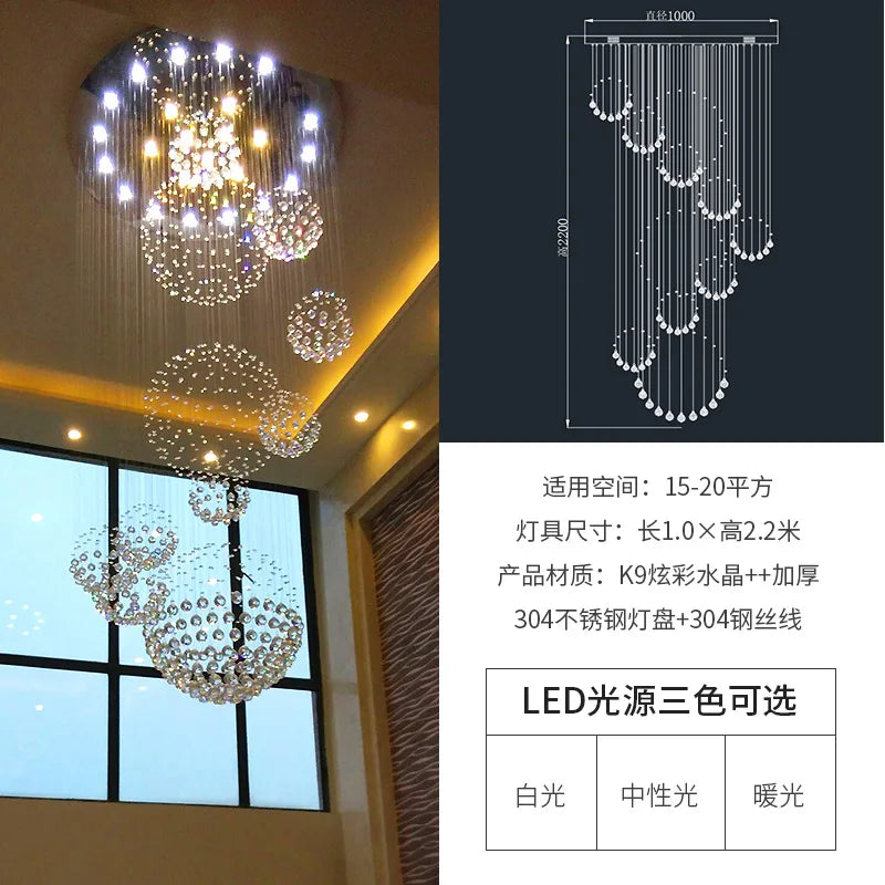 Customized crystal chandelier for duplex building, air stair lamp, office building, hall lamp, villa, air chandelier