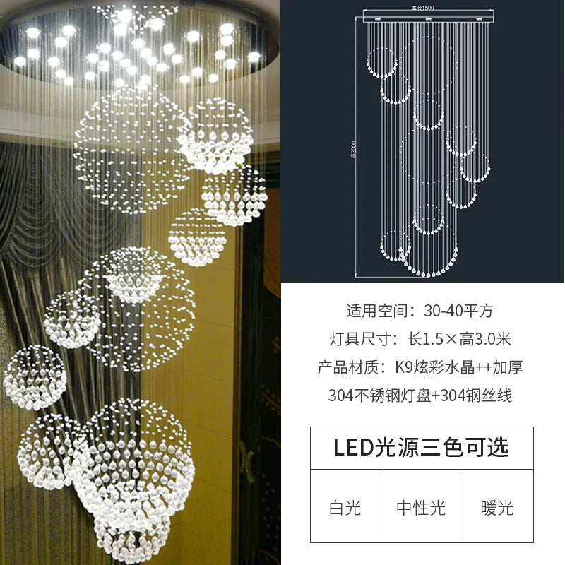 Customized crystal chandelier for duplex building, air stair lamp, office building, hall lamp, villa, air chandelier