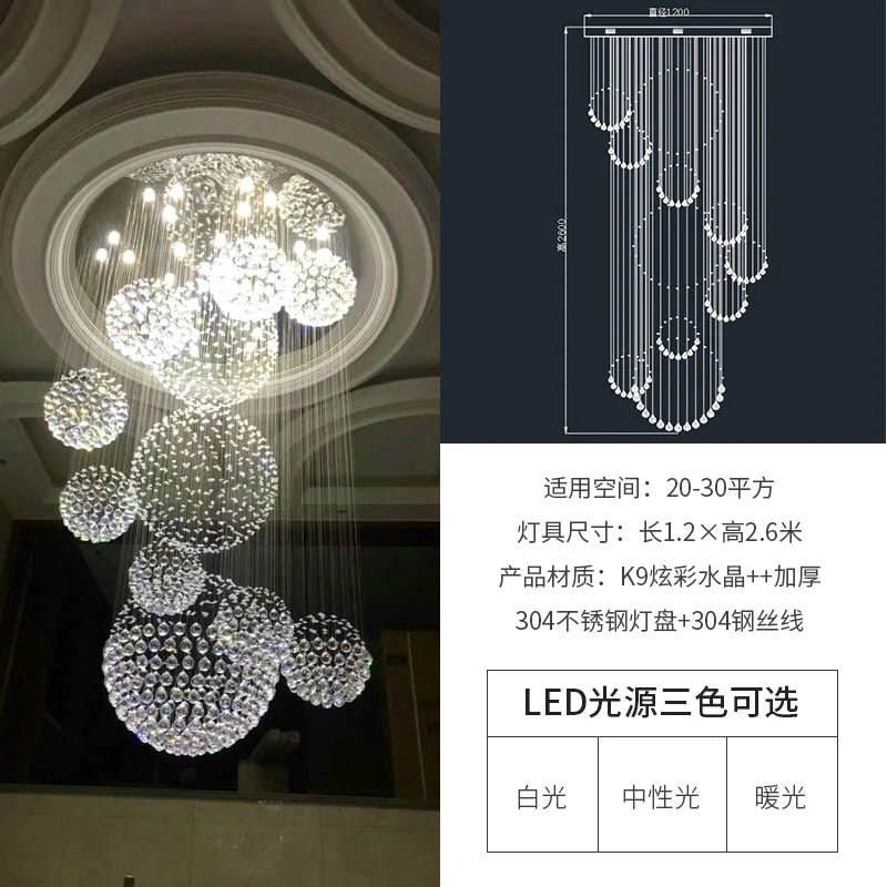 Customized crystal chandelier for duplex building, air stair lamp, office building, hall lamp, villa, air chandelier