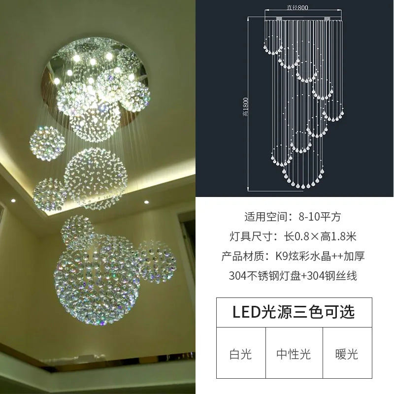 Customized crystal chandelier for duplex building, air stair lamp, office building, hall lamp, villa, air chandelier