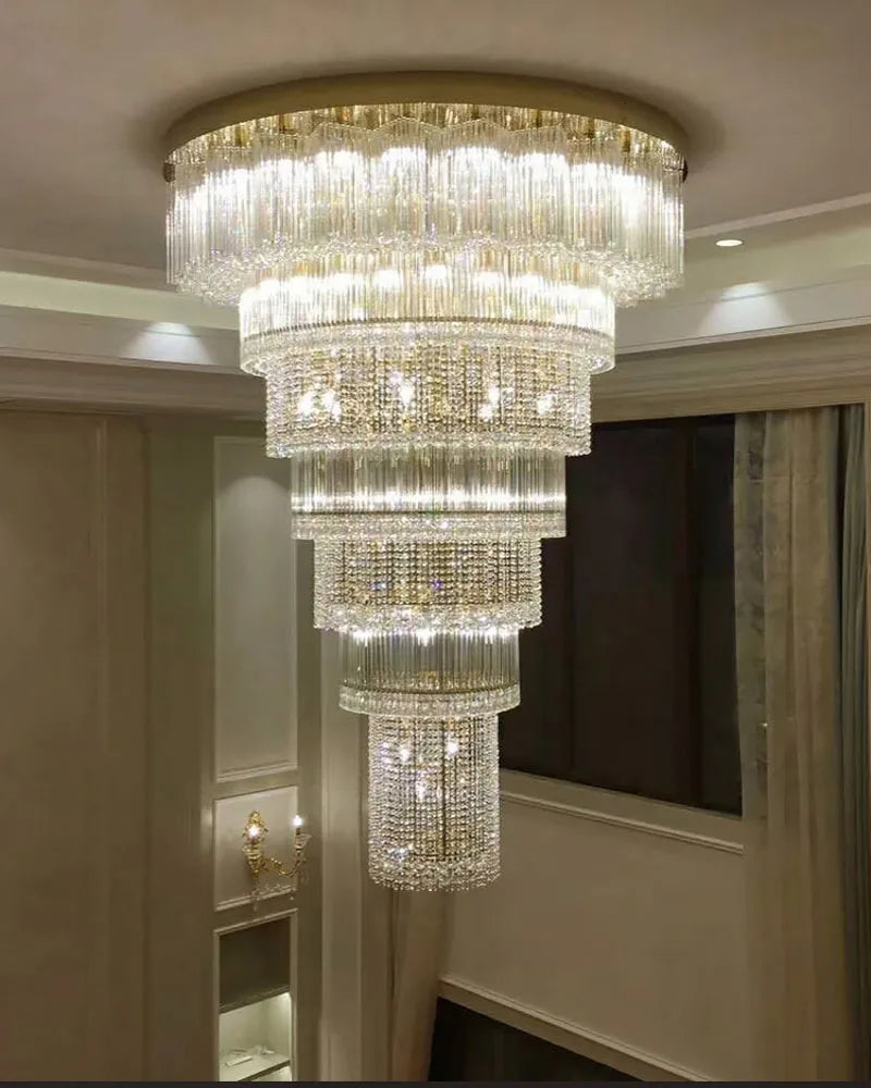Customized large chandelier of duplex building, grand villa, living room, middle floor, round crystal chandelier, large hotel