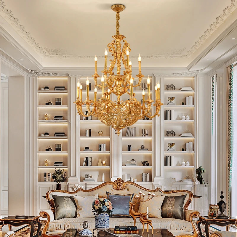 DINGFAN Copper Candle Chandelier French Living Room Dining Room Lamp Vintage Villa Hotel Hall Brass Lamp