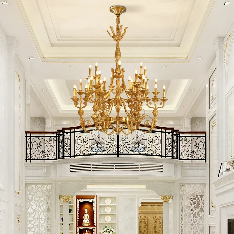 DINGFAN European Style Luxury Villa Hotel Lobby Chandelier, French High Quality Full Copper Candle Chandelier