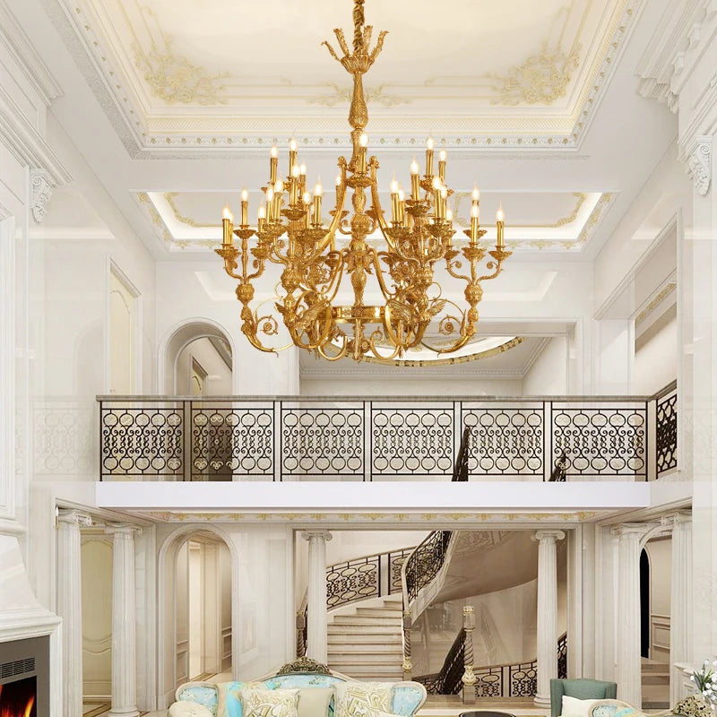 DINGFAN European Style Luxury Villa Hotel Lobby Chandelier, French High Quality Full Copper Candle Chandelier