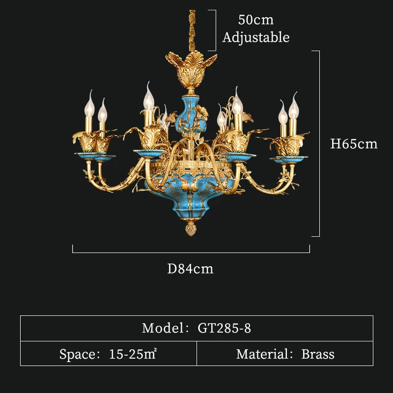 DINGFAN French Chandelier Ceramic Living Dining Room Lamp European Villa Duplex Hall Full Copper Luxury Pendent Light