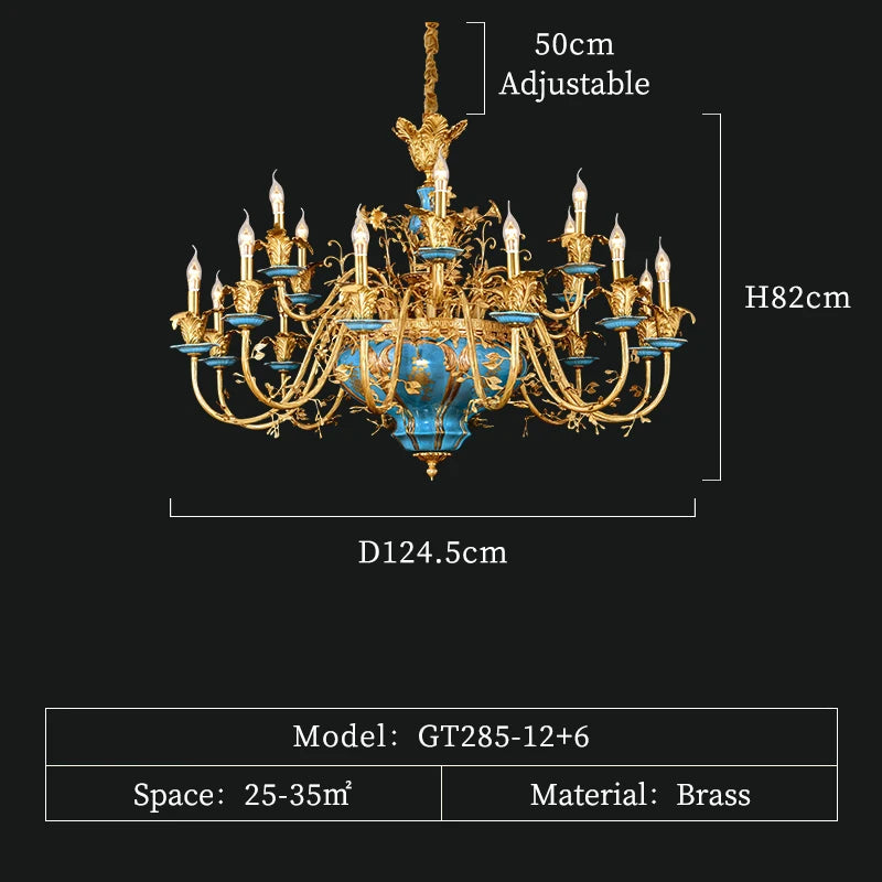 DINGFAN French Chandelier Ceramic Living Dining Room Lamp European Villa Duplex Hall Full Copper Luxury Pendent Light