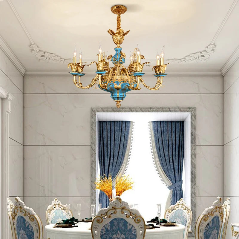 DINGFAN French Chandelier Ceramic Living Dining Room Lamp European Villa Duplex Hall Full Copper Luxury Pendent Light