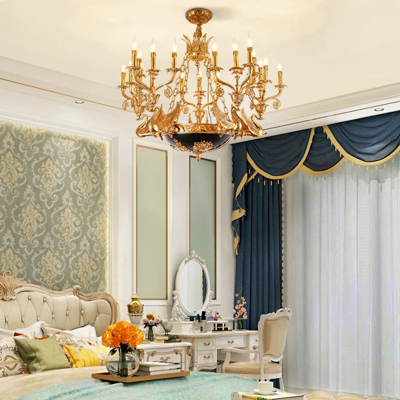 DINGFAN French Full Copper Baroque Creative Swan Chandelier High-End Palace Hotel Villa Chandeliers