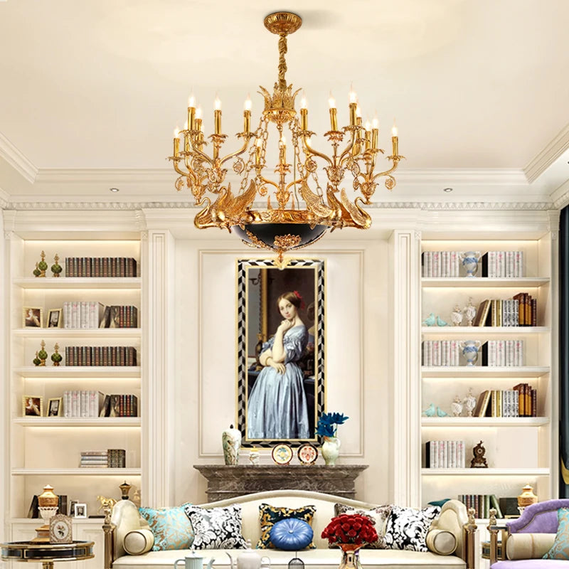 DINGFAN French Full Copper Baroque Creative Swan Chandelier High-End Palace Hotel Villa Chandeliers