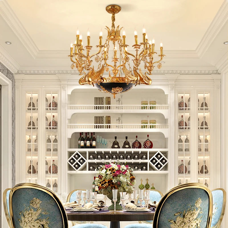 DINGFAN French Full Copper Baroque Creative Swan Chandelier High-End Palace Hotel Villa Chandeliers