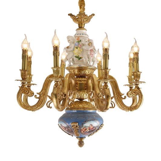 DINGFAN High-End French Décor Full Copper Chandelier Villa Hotel Classic Luxury Angel Portrait Ceramic Chandelier