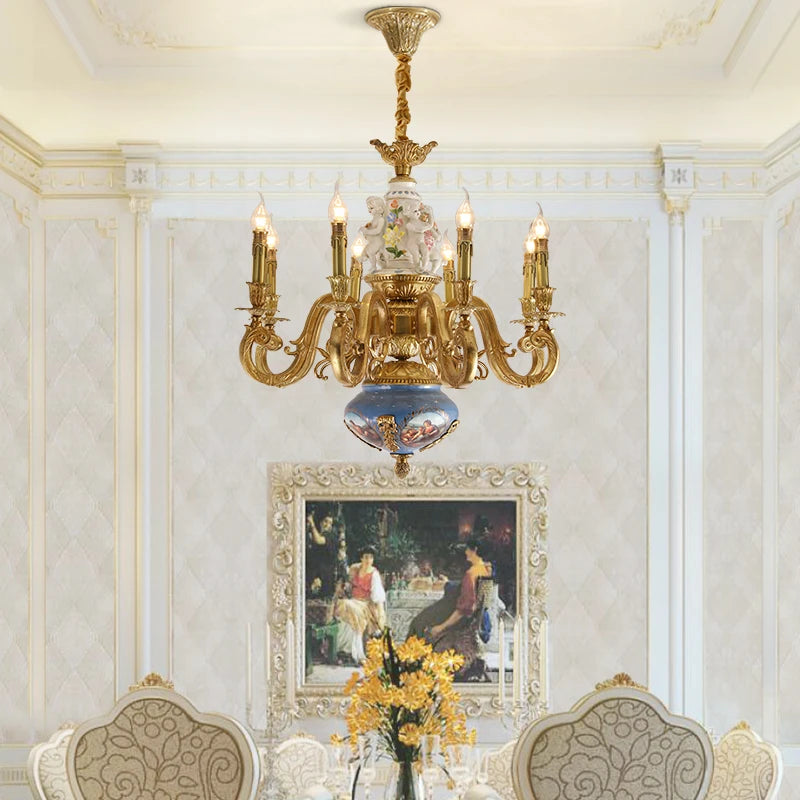 DINGFAN High-End French Décor Full Copper Chandelier Villa Hotel Classic Luxury Angel Portrait Ceramic Chandelier
