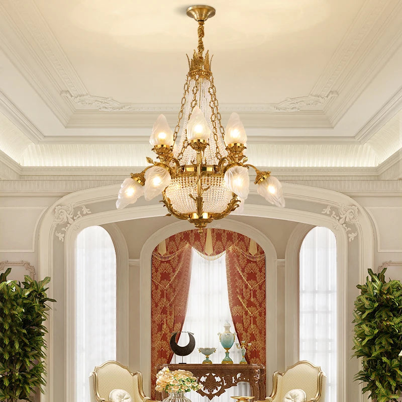 DINGFAN Wholesale French Copper Living Room Pendant Lamps European Crystal Palace Luxury Villa Hall Chandelier