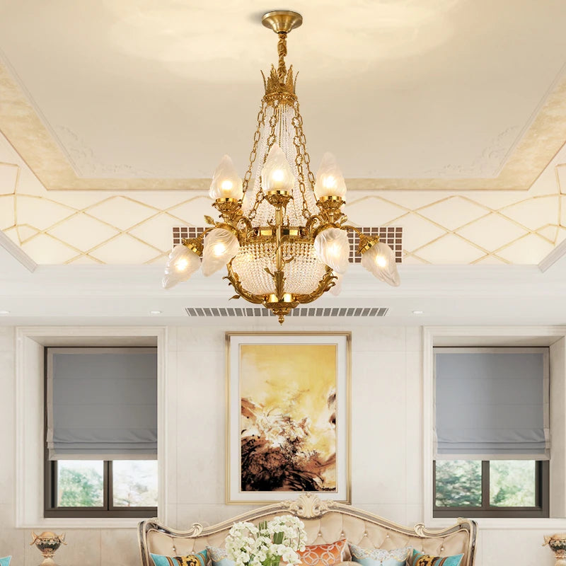 DINGFAN Wholesale French Copper Living Room Pendant Lamps European Crystal Palace Luxury Villa Hall Chandelier