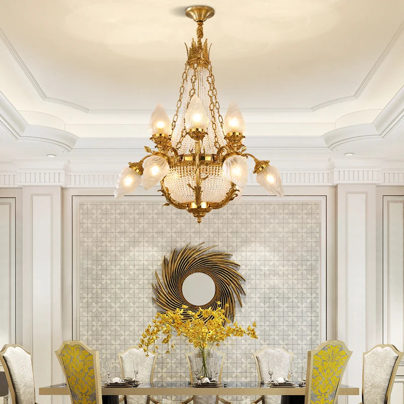 DINGFAN Wholesale French Copper Living Room Pendant Lamps European Crystal Palace Luxury Villa Hall Chandelier