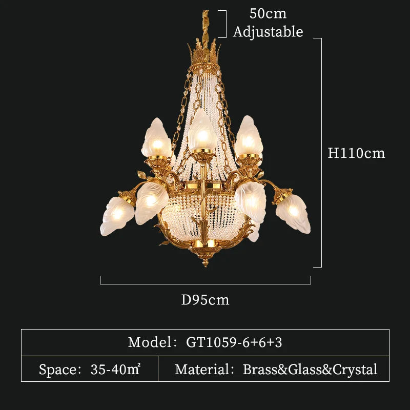 DINGFAN Wholesale French Copper Living Room Pendant Lamps European Crystal Palace Luxury Villa Hall Chandelier