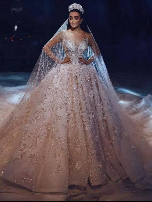Design Dubai Royal Long Sleeve Lace Applique Crystal Flowers Wedding Dress Luxury свадебное платье vestidos de novia