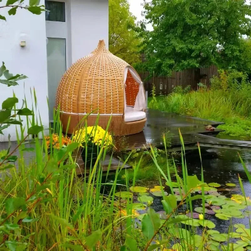 Divano letto in Rattan Patio pigro divano letto rotondo mobili per giardino cortile piscina all'aperto Rattan vimini lettini