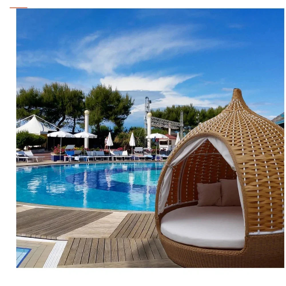 Divano letto in Rattan Patio pigro divano letto rotondo mobili per giardino cortile piscina all'aperto Rattan vimini lettini