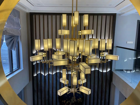 Double-story building, big chandelier, stairs, empty villa hall lights, non-standard engineering lamps, custom-made hotel lobby