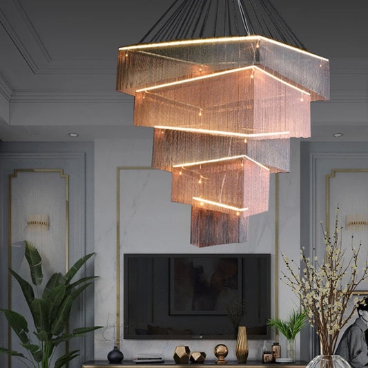 Duplex Building Chain Chandelier Lighting Europe Villa Hotel Lobby Hanging Lamp Modern Staircase Living Room Long Illumination