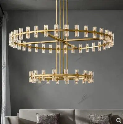 Duplex building chandelier American copper crystal double-layer high villa hotel lobby banquet hall lamps