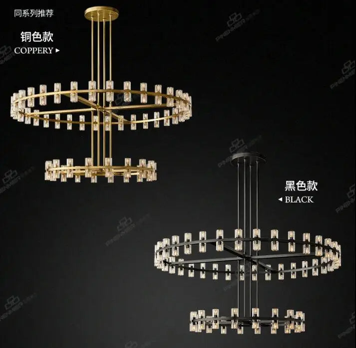 Duplex building chandelier American copper crystal double-layer high villa hotel lobby banquet hall lamps