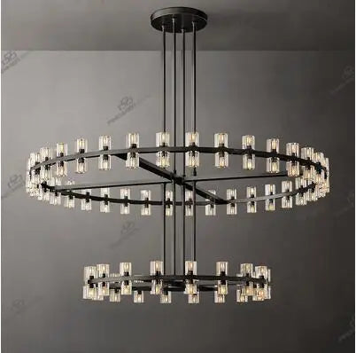 Duplex building chandelier American copper crystal double-layer high villa hotel lobby banquet hall lamps