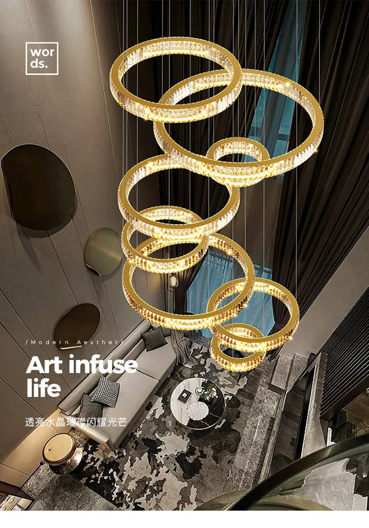 Duplex building chandelier crystal lamp luxury villa living room empty loft chandelier building middle building revolving stair