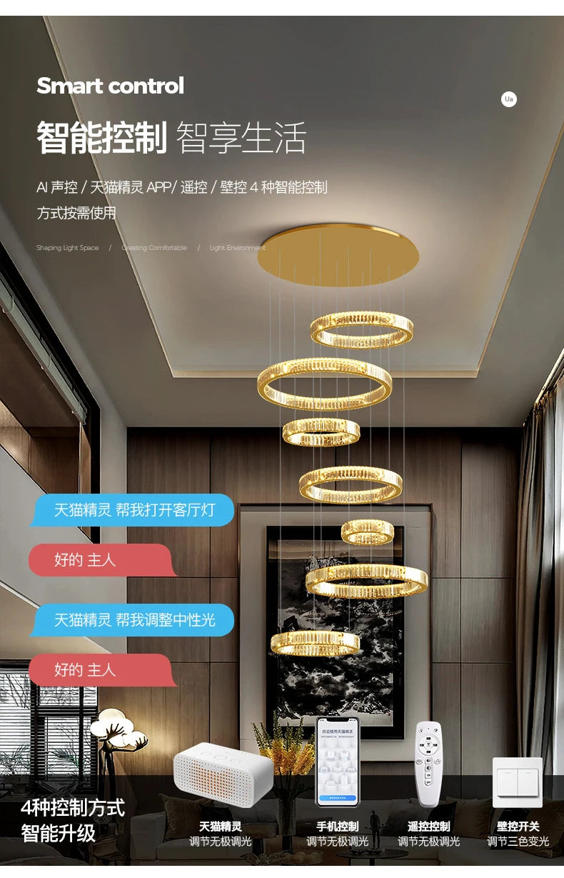 Duplex building chandelier crystal lamp luxury villa living room empty loft chandelier building middle building revolving stair