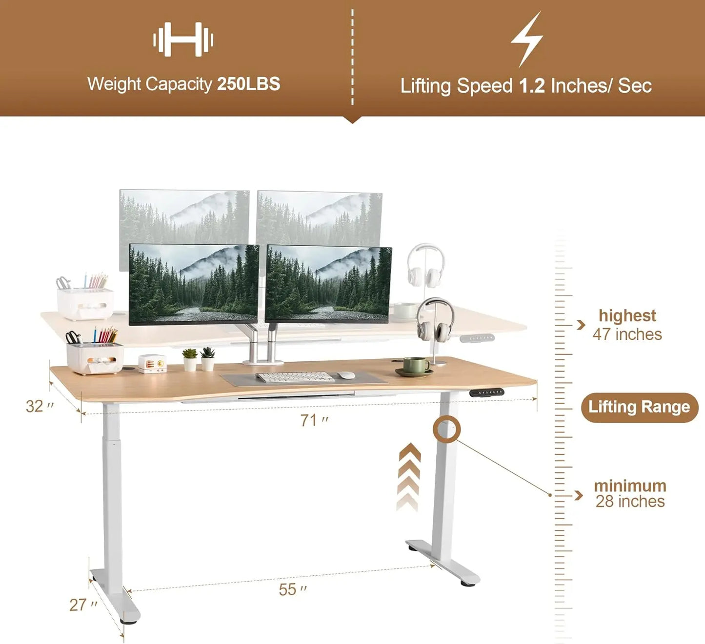 Electric Standing Desk 71 X 32 Inches Dual-Motor Height Adjustable Desk Home Office Desks Natural Maple Ergonomic White Frame