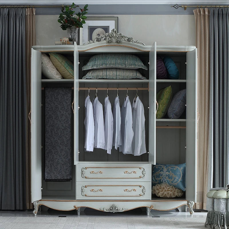 Emerald 4-door 2-meter wardrobe Solid wood carved wardrobe Master bedroom storage cabinet
