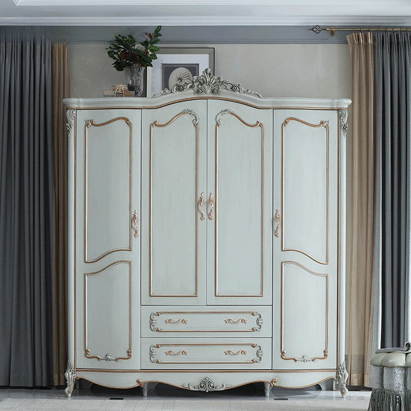 Emerald 4-door 2-meter wardrobe Solid wood carved wardrobe Master bedroom storage cabinet