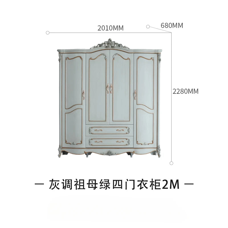 Emerald 4-door 2-meter wardrobe Solid wood carved wardrobe Master bedroom storage cabinet