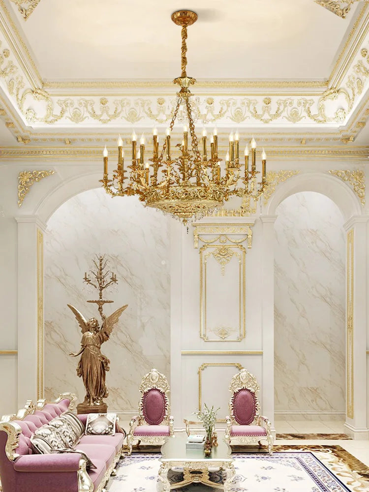 European Classic Copper Candle Pendant Lamp Villa Hall Living Room French Luxury Antique Brass Large Chandelier