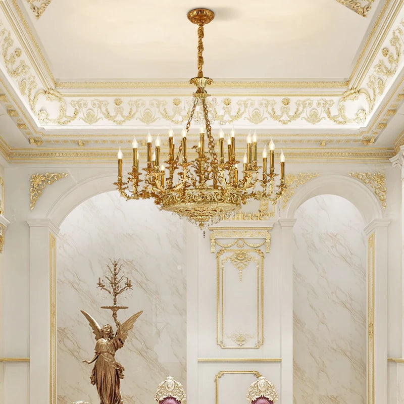 European Classic Copper Candle Pendant Lamp Villa Hall Living Room French Luxury Antique Brass Large Chandelier