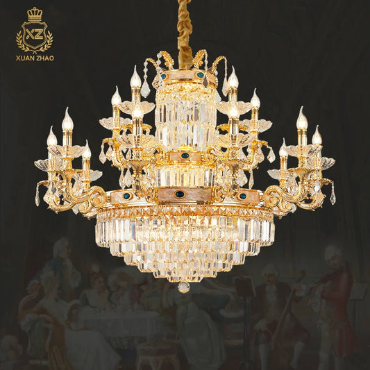 European Light Luxury Crystal Copper Pendant Lamp French Villa Luxury Jump Floor Hollow Duplex Building Living Room Brass Lights