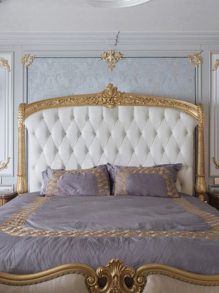 European Luxury Gold Foil Fabric Double Bed French Court Villa Solid Wood 1.8m Princess Wedding Bed Furniture Customization