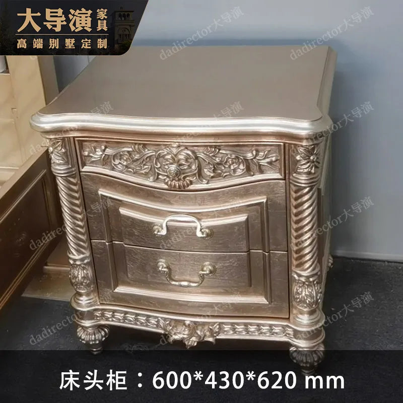 European Luxury Gold Foil Fabric Double Bed French Court Villa Solid Wood 1.8m Princess Wedding Bed Furniture Customization