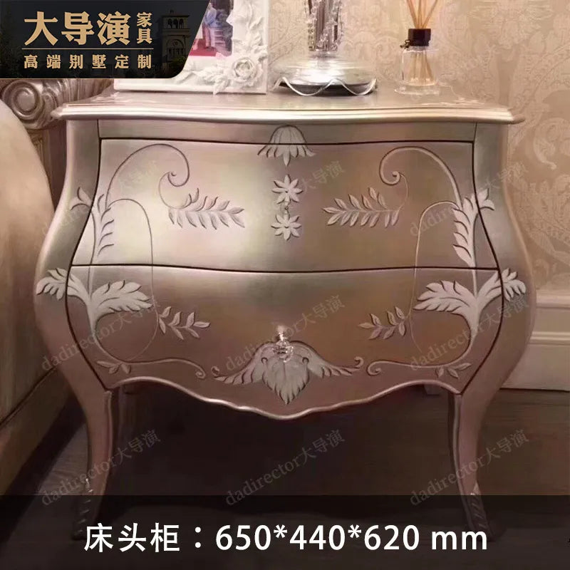 European Luxury Gold Foil Fabric Double Bed French Court Villa Solid Wood 1.8m Princess Wedding Bed Furniture Customization