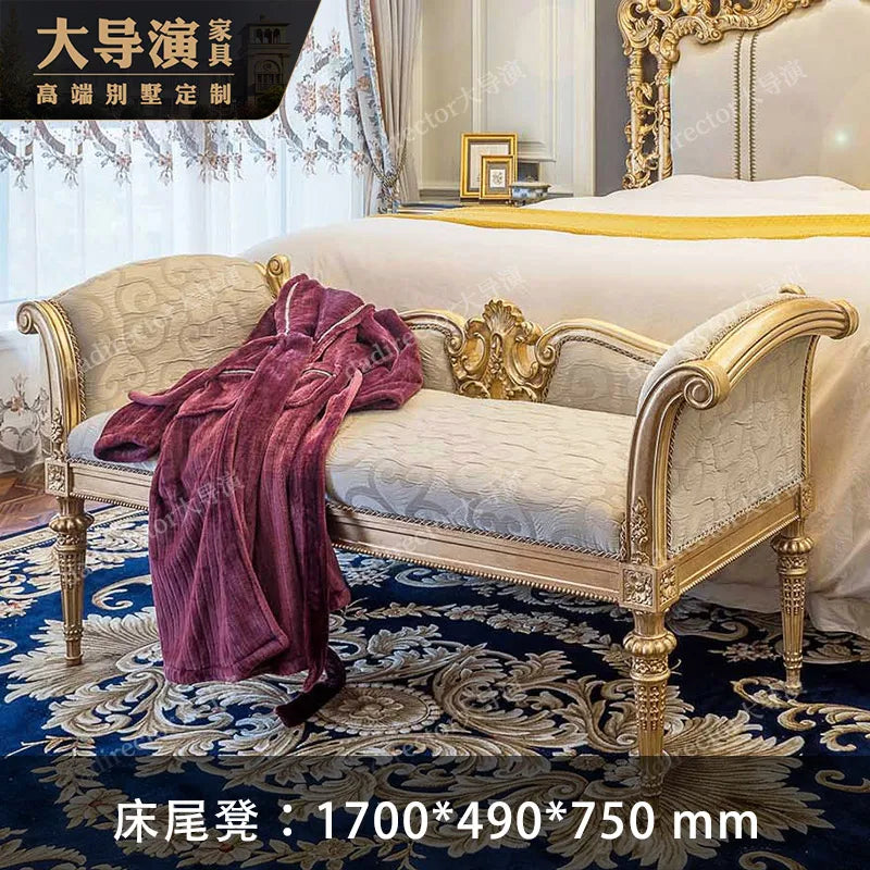European Luxury Gold Foil Fabric Double Bed French Court Villa Solid Wood 1.8m Princess Wedding Bed Furniture Customization