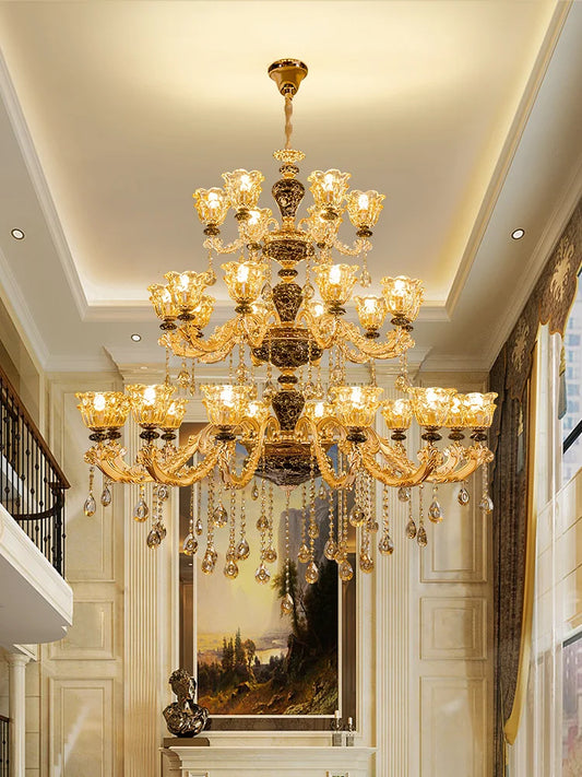 European Style Golden Chandelier Living Room Hotel Black Ceramic Multi-Layer Crystal Chandelier Staircase Villa Large Chandelier