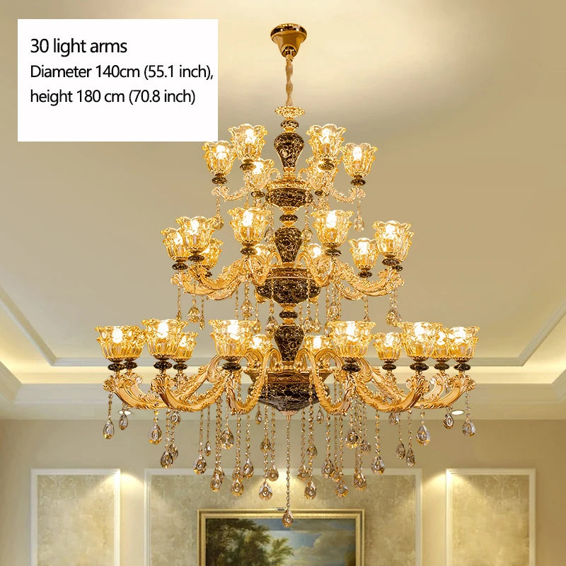 European Style Golden Chandelier Living Room Hotel Black Ceramic Multi-Layer Crystal Chandelier Staircase Villa Large Chandelier