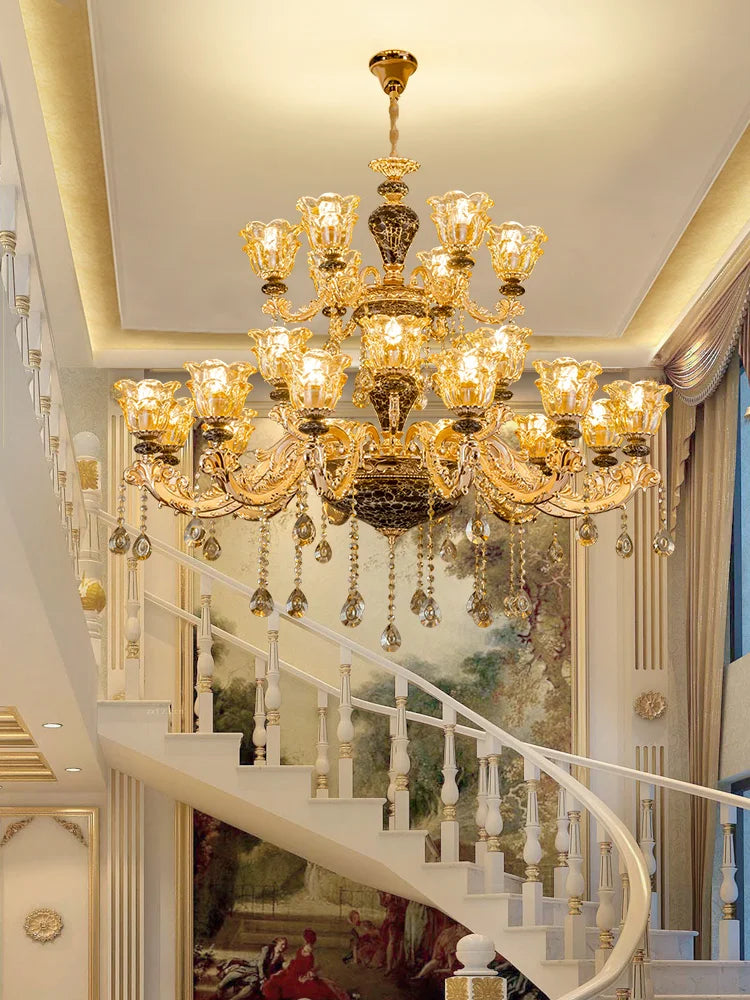 European Style Golden Chandelier Living Room Hotel Black Ceramic Multi-Layer Crystal Chandelier Staircase Villa Large Chandelier