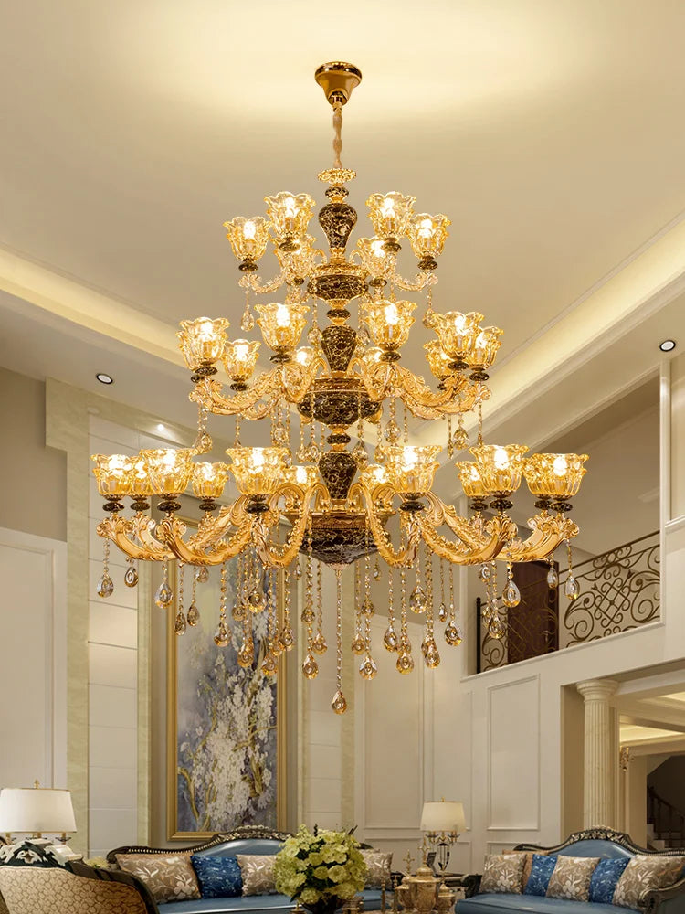 European Style Golden Chandelier Living Room Hotel Black Ceramic Multi-Layer Crystal Chandelier Staircase Villa Large Chandelier