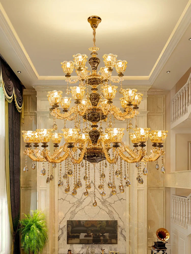 European Style Golden Chandelier Living Room Hotel Black Ceramic Multi-Layer Crystal Chandelier Staircase Villa Large Chandelier