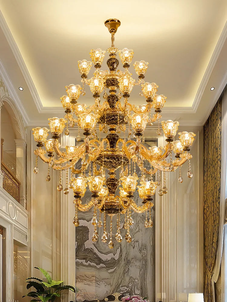 European Style Golden Chandelier Living Room Hotel Black Ceramic Multi-Layer Crystal Chandelier Staircase Villa Large Chandelier