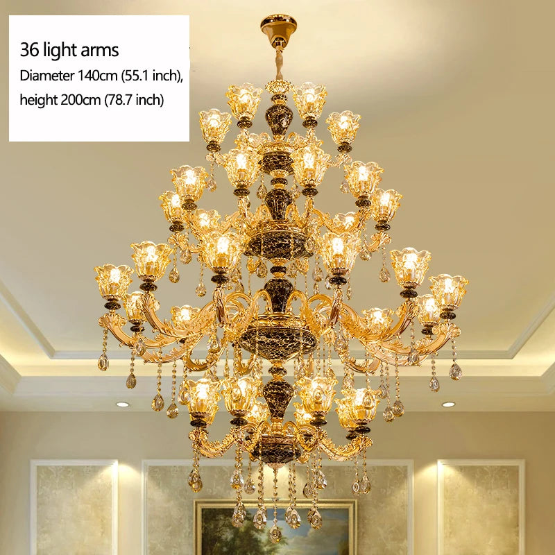 European Style Golden Chandelier Living Room Hotel Black Ceramic Multi-Layer Crystal Chandelier Staircase Villa Large Chandelier