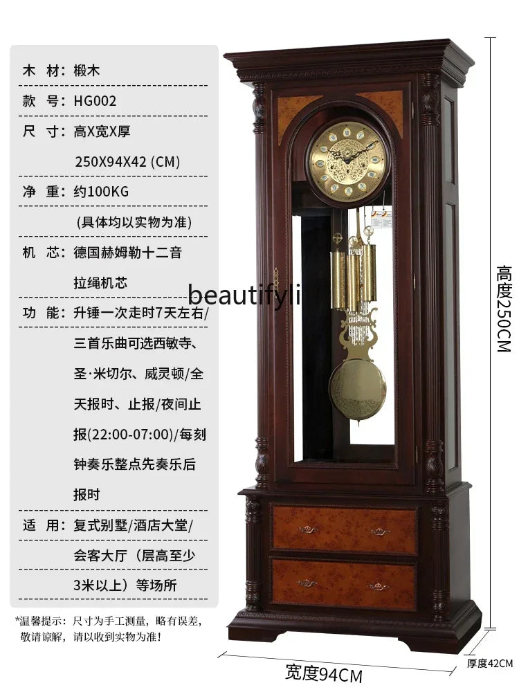 European Style Hotel Lobby High-End Floor Clock Solid Wood Germany Hermle Mechanical Floor Clock