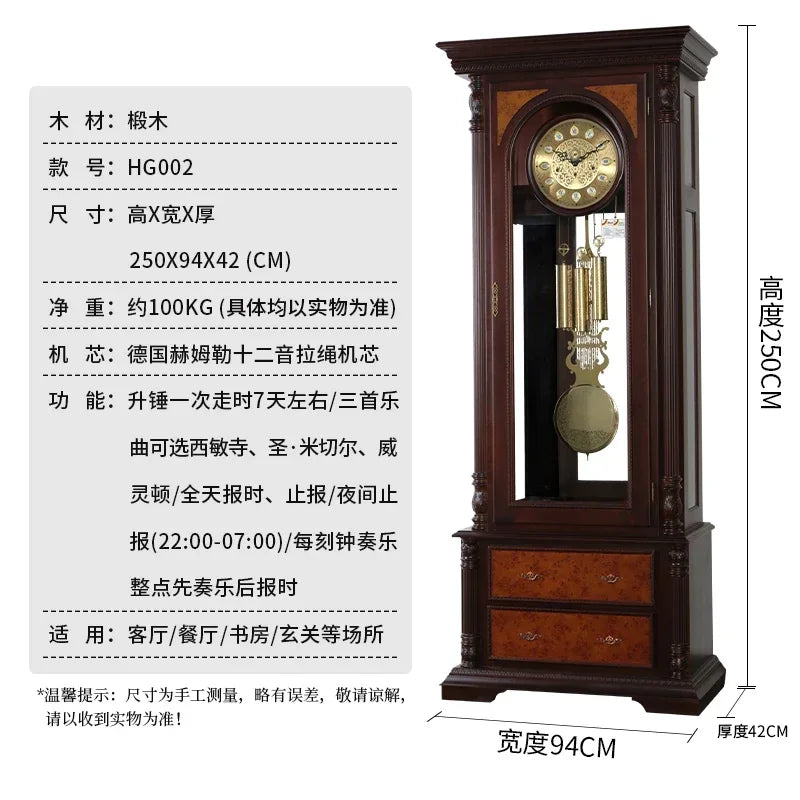 European Style Hotel Lobby High-End Floor Clock Solid Wood Germany Hermle Mechanical Floor Clock